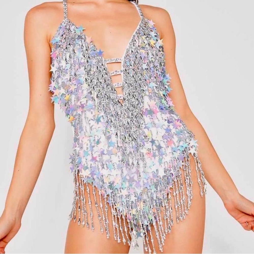 Easy Tiger silver holographic bodysuit with star sequins.